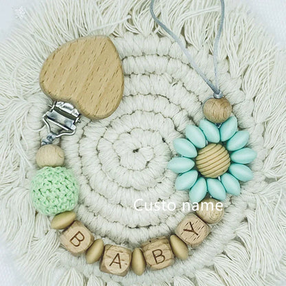 Custom Name Baby Pacifier Clip | Silicone Beads Flower Ring Teething Chain | Eco-Friendly Beech Wood Dummy Holder