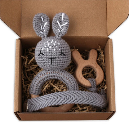 Crochet Bunny Baby Teether & Rattle Set | Beech Wooden Teething Ring + Pacifier Clip | Newborn Montessori Educational Toy