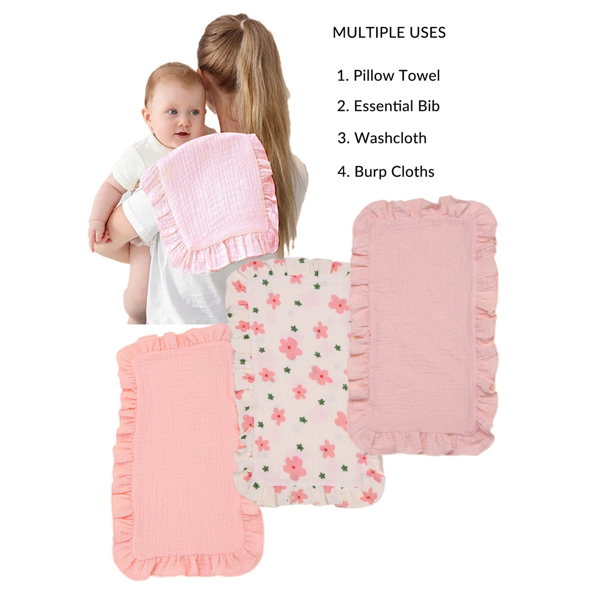 100% Cotton 4-Layer Baby Burp Cloths – Soft & Absorbent Large Muslin Washcloths | Newborn Burping Rags & Infant Essentials (3 Pack)