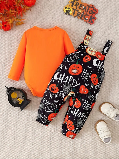 Baby Halloween Outfit 2PCS Set | Pumpkin Romper + Strappy Pants | Infant Boys & Girls Costume Clothes (0–2 Years)