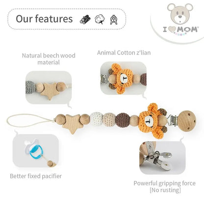 Baby Wooden Pacifier Clip | Crochet Cartoon Teething Soother Chain | BPA-Free Nursing Dummy Holder for Infants