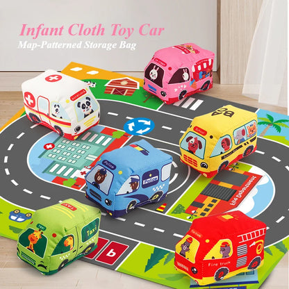 Baby Montessori Soft Car Toy with Map Game Mat & Cloth Book – Sensory Training & Educational Toy Storage Bag for Toddlers