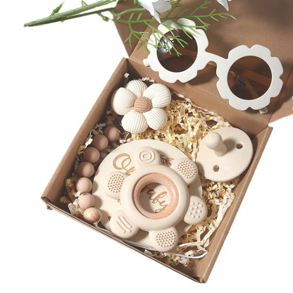 Baby Teether Gift Set – Flower Teething Toy with Pacifier Chain & Baby Sunglasses | Newborn Infant Teether Set for Boys & Girls