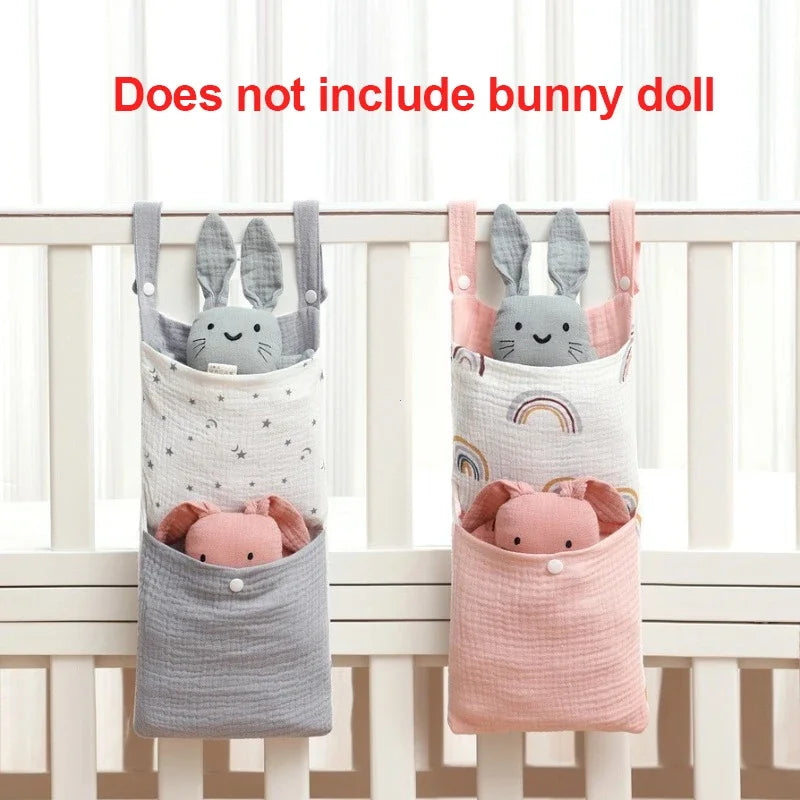 Baby Bed Hanging Storage Bag | Cotton Crib Organizer with Diaper & Toy Pockets | Newborn Bedding Accessories