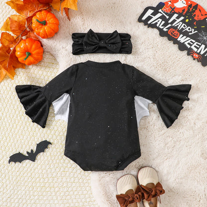 Newborn Baby Girl Halloween Outfit | Flared Sleeve Jumpsuit + Glitter Bodysuit + Bow Headband | Infant Costume Set