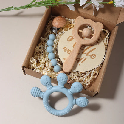 Baby bibs Gift Set With hand Teething Pacifier Chain wooden bear Rattle  New Born Baby Teether Set