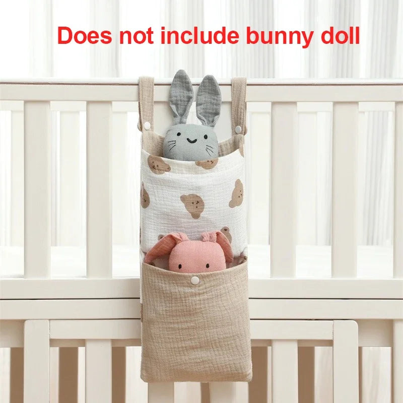 Baby Bed Hanging Storage Bag | Cotton Crib Organizer with Diaper & Toy Pockets | Newborn Bedding Accessories