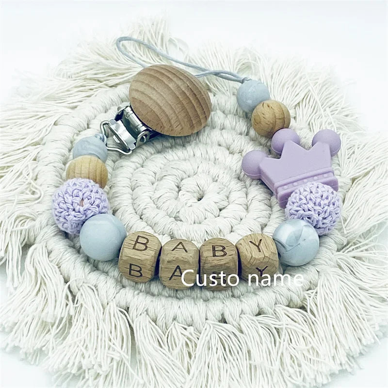 Custom Name Baby Pacifier Clip | Silicone Beads Flower Ring Teething Chain | Eco-Friendly Beech Wood Dummy Holder