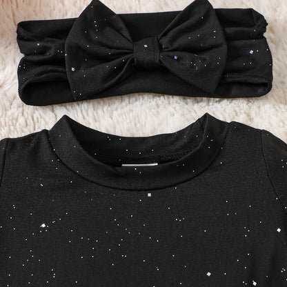 Newborn Baby Girl Halloween Outfit | Flared Sleeve Jumpsuit + Glitter Bodysuit + Bow Headband | Infant Costume Set