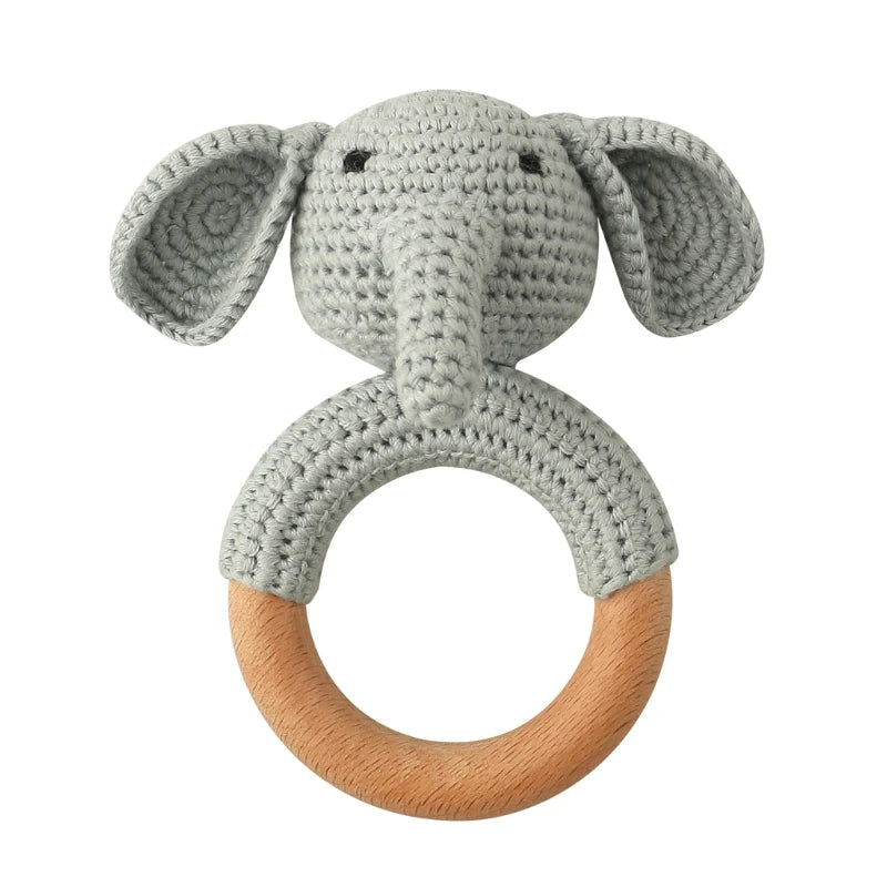 Crochet Bunny Baby Teether & Rattle Set | Beech Wooden Teething Ring + Pacifier Clip | Newborn Montessori Educational Toy