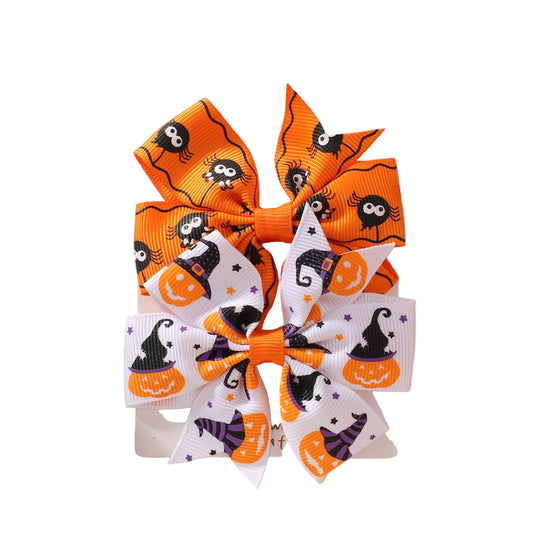 2PCS Baby Girl Halloween Hair Bows | Pumpkin Ghost Print Hair Clips | Toddler Kids Bowknot Hairpins & Accessories