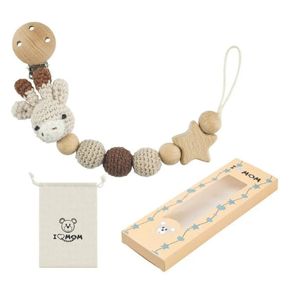 Baby Wooden Pacifier Clip | Crochet Cartoon Teething Soother Chain | BPA-Free Nursing Dummy Holder for Infants