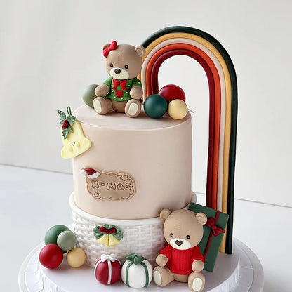 Christmas Cake Topper Set | Bear Doll Ornaments, Red Sweater & Green Shirt, Rainbow Arch & Gift Box | Holiday Party Cake Decorations