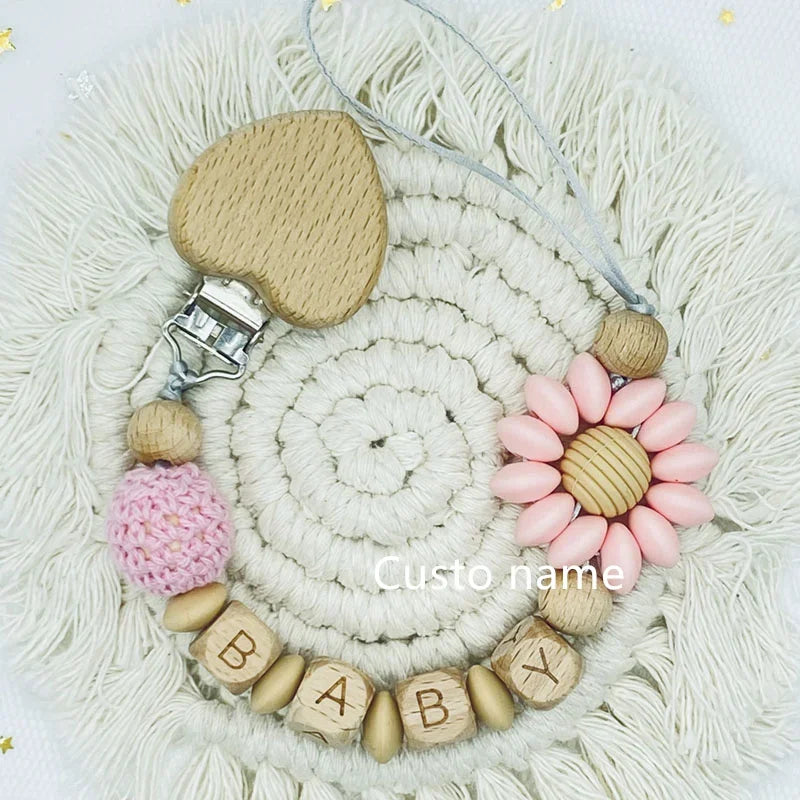 Custom Name Baby Pacifier Clip | Silicone Beads Flower Ring Teething Chain | Eco-Friendly Beech Wood Dummy Holder
