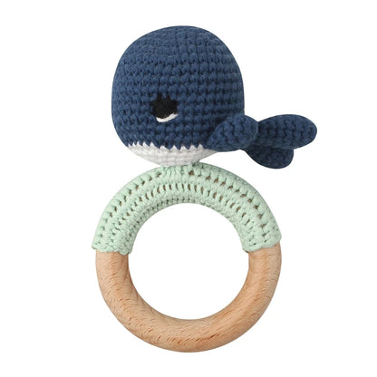 Crochet Bunny Baby Teether & Rattle Set | Beech Wooden Teething Ring + Pacifier Clip | Newborn Montessori Educational Toy