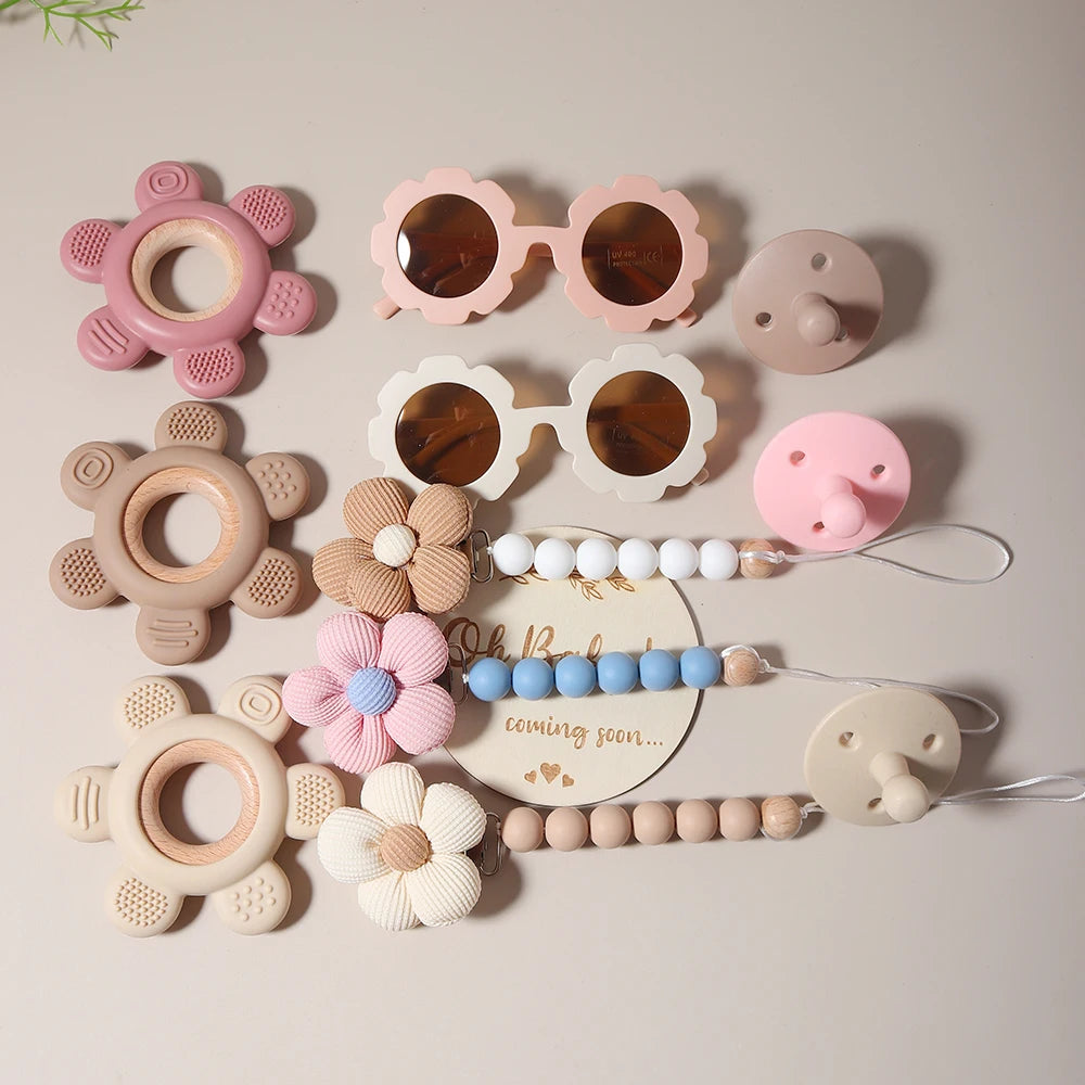 Baby Teether Gift Set – Flower Teething Toy with Pacifier Chain & Baby Sunglasses | Newborn Infant Teether Set for Boys & Girls