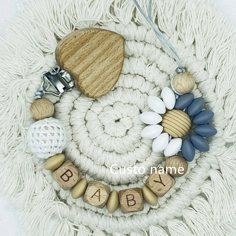 Custom Name Baby Pacifier Clip | Silicone Beads Flower Ring Teething Chain | Eco-Friendly Beech Wood Dummy Holder