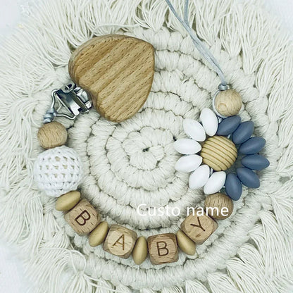 Custom Name Baby Pacifier Clip | Silicone Beads Flower Ring Teething Chain | Eco-Friendly Beech Wood Dummy Holder