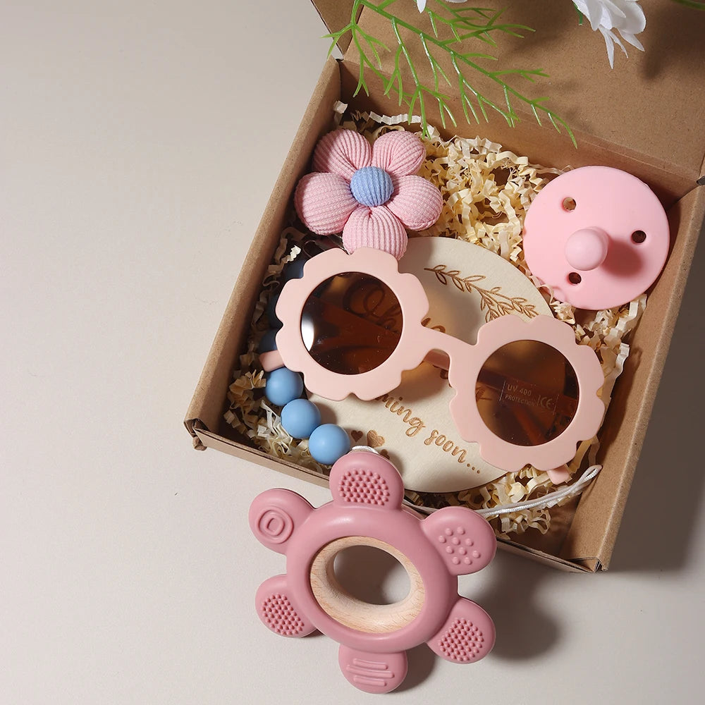 Baby Teether Gift Set – Flower Teething Toy with Pacifier Chain & Baby Sunglasses | Newborn Infant Teether Set for Boys & Girls
