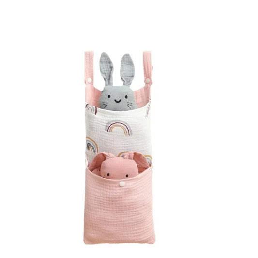 Baby Bed Hanging Storage Bag | Cotton Crib Organizer with Diaper & Toy Pockets | Newborn Bedding Accessories