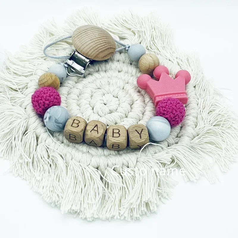 Custom Name Baby Pacifier Clip | Silicone Beads Flower Ring Teething Chain | Eco-Friendly Beech Wood Dummy Holder