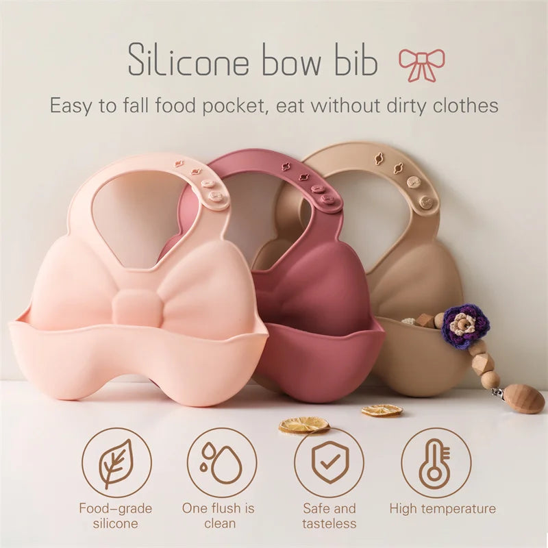 Baby Waterproof Silicone Bibs – Adjustable Feeding Bibs with Cute Bowknot Apron Design | Soft Toddler Bibs for Boys & Girls