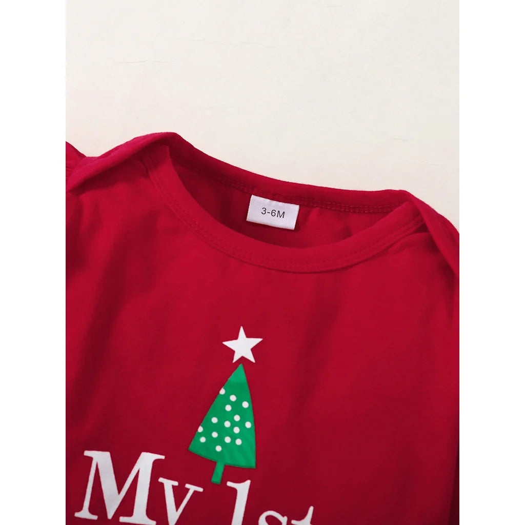 Baby Girl Christmas Outfit 3Pcs Set | Alphabet Print Bodysuit + Red Plaid Pants + Headband (0–18 Months)