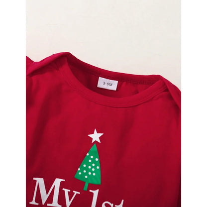 Baby Girl Christmas Outfit 3Pcs Set | Alphabet Print Bodysuit + Red Plaid Pants + Headband (0–18 Months)
