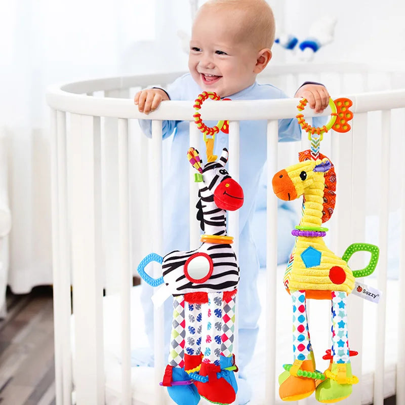 Soft Giraffe & Zebra Animal Handbell Rattle Plush Baby Toy with Teether | Infant Developmental Handle Toys for Newborn Gifts