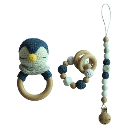 Handmade Crochet Baby Deer & Rabbit Stuffed Dolls with Wooden Teething Ring and Pacifier Chain Clips – Newborn Bunny Rattle Toy, 3 or 4 pcs Set