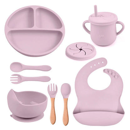 Mother Kids 8PCS Baby Silicone Feeding Set – Bib, Suction Plate, Anti-Slip Bowl, Spoon, Cup & Tableware for Infants & Toddlers