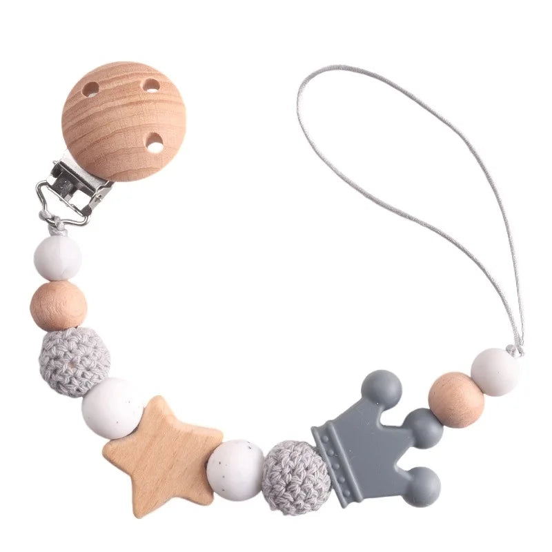 Baby Pacifier Chain Clip | Wooden Pentagram Teether with Silicone Round Beads | Safe Teething Chain & Soother Holder