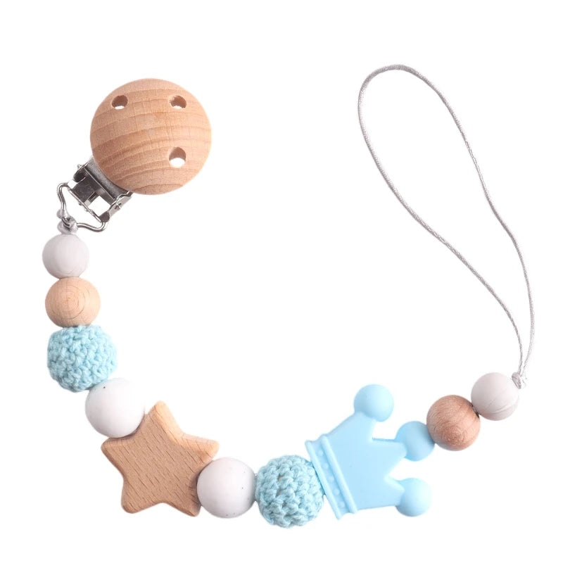 Baby Pacifier Chain Clip | Wooden Pentagram Teether with Silicone Round Beads | Safe Teething Chain & Soother Holder