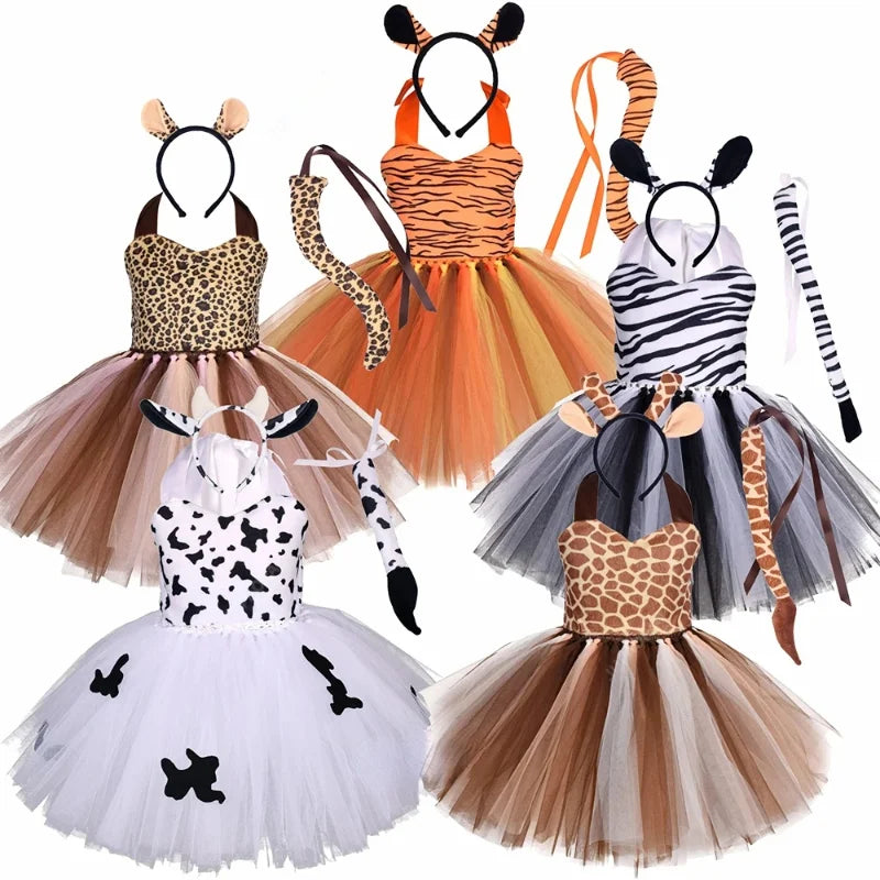Baby Girls Halloween Animal Cosplay Costume | Kids Forest Theme Giraffe, Cow, Tiger, Leopard, Zebra Tutu Dress | Birthday & Party Outfit