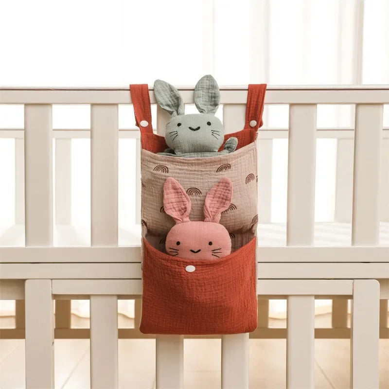 Baby Bed Hanging Storage Bag | Cotton Crib Organizer with Diaper & Toy Pockets | Newborn Bedding Accessories