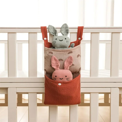 Baby Bed Hanging Storage Bag | Cotton Crib Organizer with Diaper & Toy Pockets | Newborn Bedding Accessories