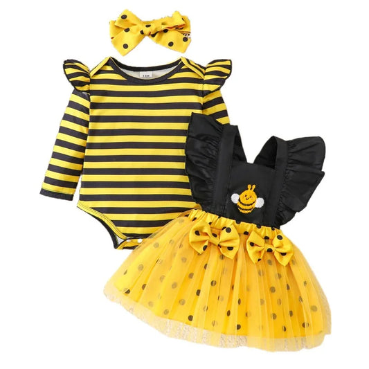 Baby Girl Bee Halloween Costume Set | Infant Romper + Tulle Suspender Dress | Newborn & Toddler Party Outfit