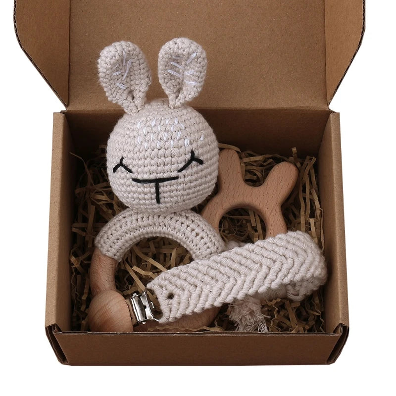 Handmade Crochet Baby Deer & Rabbit Stuffed Dolls with Wooden Teething Ring and Pacifier Chain Clips – Newborn Bunny Rattle Toy, 3 or 4 pcs Set