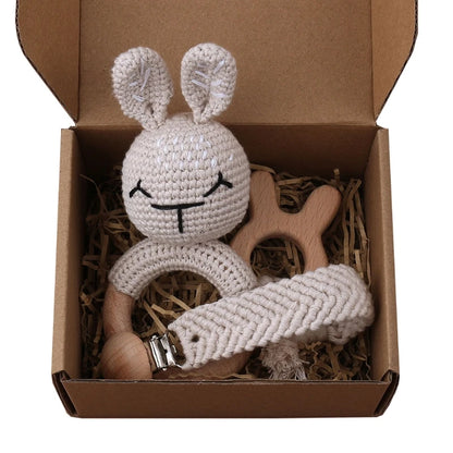Handmade Crochet Baby Deer & Rabbit Stuffed Dolls with Wooden Teething Ring and Pacifier Chain Clips – Newborn Bunny Rattle Toy, 3 or 4 pcs Set