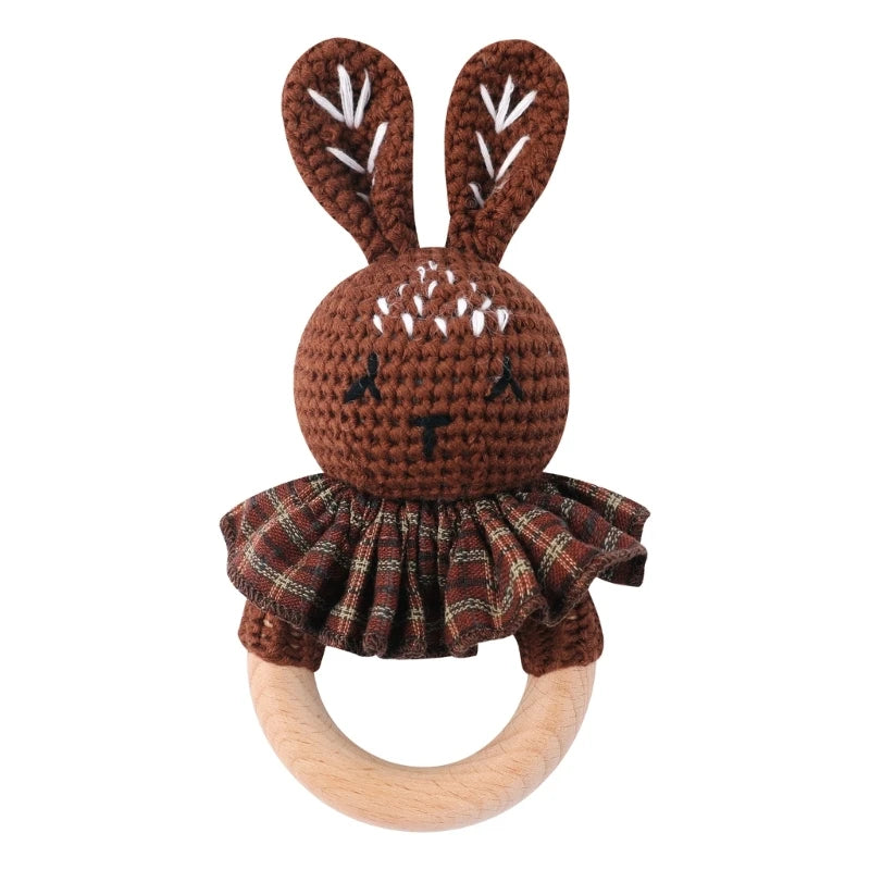 Crochet Bunny Baby Teether & Rattle Set | Beech Wooden Teething Ring + Pacifier Clip | Newborn Montessori Educational Toy