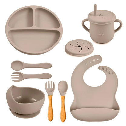 Mother Kids 8PCS Baby Silicone Feeding Set – Bib, Suction Plate, Anti-Slip Bowl, Spoon, Cup & Tableware for Infants & Toddlers