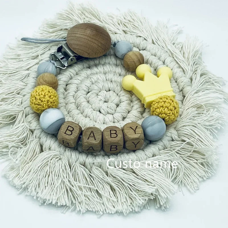 Custom Name Baby Pacifier Clip | Silicone Beads Flower Ring Teething Chain | Eco-Friendly Beech Wood Dummy Holder