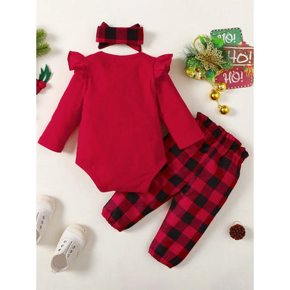 Baby Girl Christmas Outfit 3Pcs Set | Alphabet Print Bodysuit + Red Plaid Pants + Headband (0–18 Months)