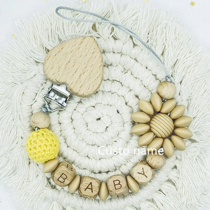 Custom Name Baby Pacifier Clip | Silicone Beads Flower Ring Teething Chain | Eco-Friendly Beech Wood Dummy Holder