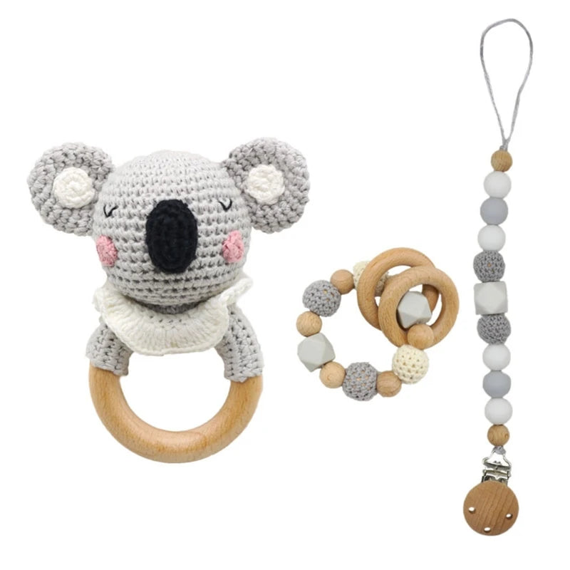 Handmade Crochet Baby Deer & Rabbit Stuffed Dolls with Wooden Teething Ring and Pacifier Chain Clips – Newborn Bunny Rattle Toy, 3 or 4 pcs Set