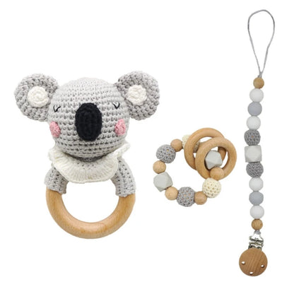 Handmade Crochet Baby Deer & Rabbit Stuffed Dolls with Wooden Teething Ring and Pacifier Chain Clips – Newborn Bunny Rattle Toy, 3 or 4 pcs Set