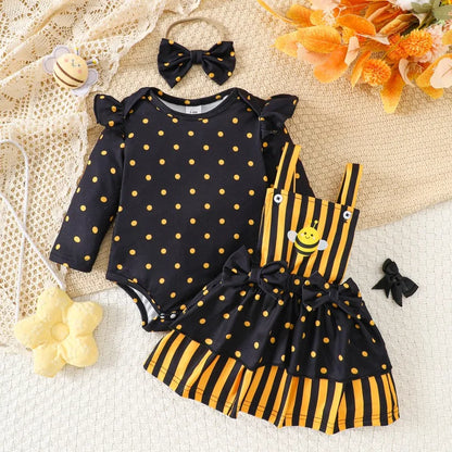 Baby Girl Bee Halloween Costume Set | Infant Romper + Tulle Suspender Dress | Newborn & Toddler Party Outfit