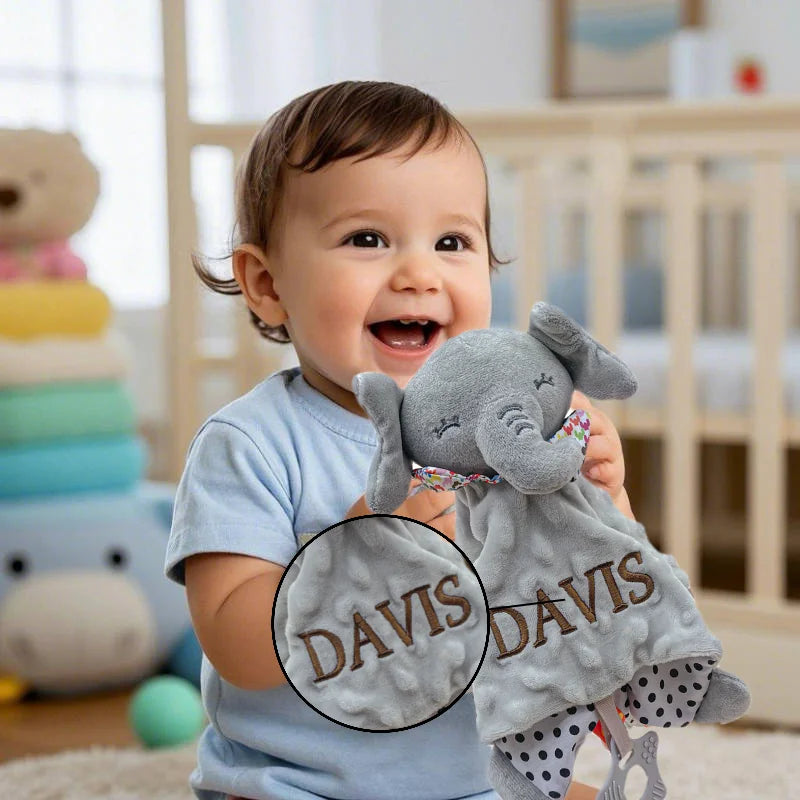 Personalised Baby Elephant Security Blanket – Organic Cotton Comforter with Silicone Teether | Newborn Infant Snuggle Toy & Baby Shower Gift