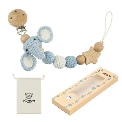 Baby Wooden Pacifier Clip | Crochet Cartoon Teething Soother Chain | BPA-Free Nursing Dummy Holder for Infants
