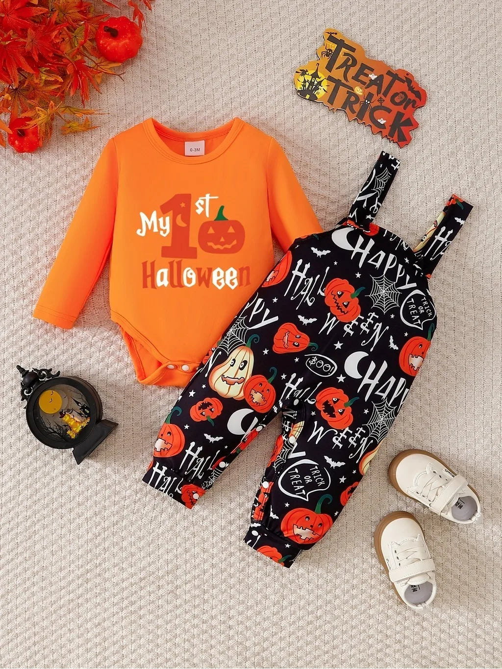 Baby Halloween Outfit 2PCS Set | Pumpkin Romper + Strappy Pants | Infant Boys & Girls Costume Clothes (0–2 Years)